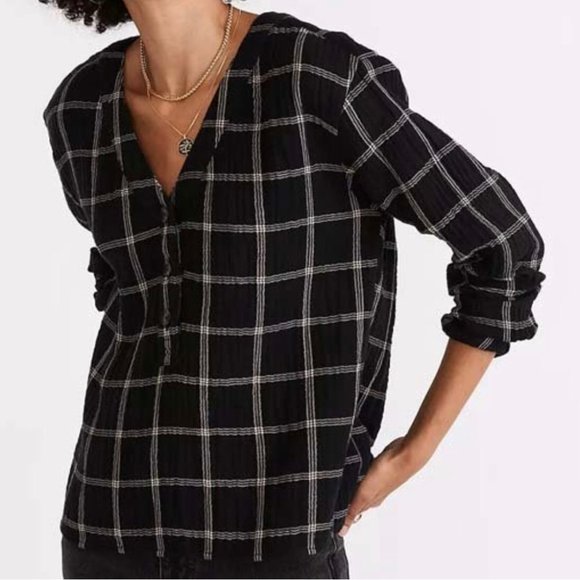 Madewell True Black Windowpane Chelston V-Neck Button Front Top Size XL NWT - Picture 1 of 11